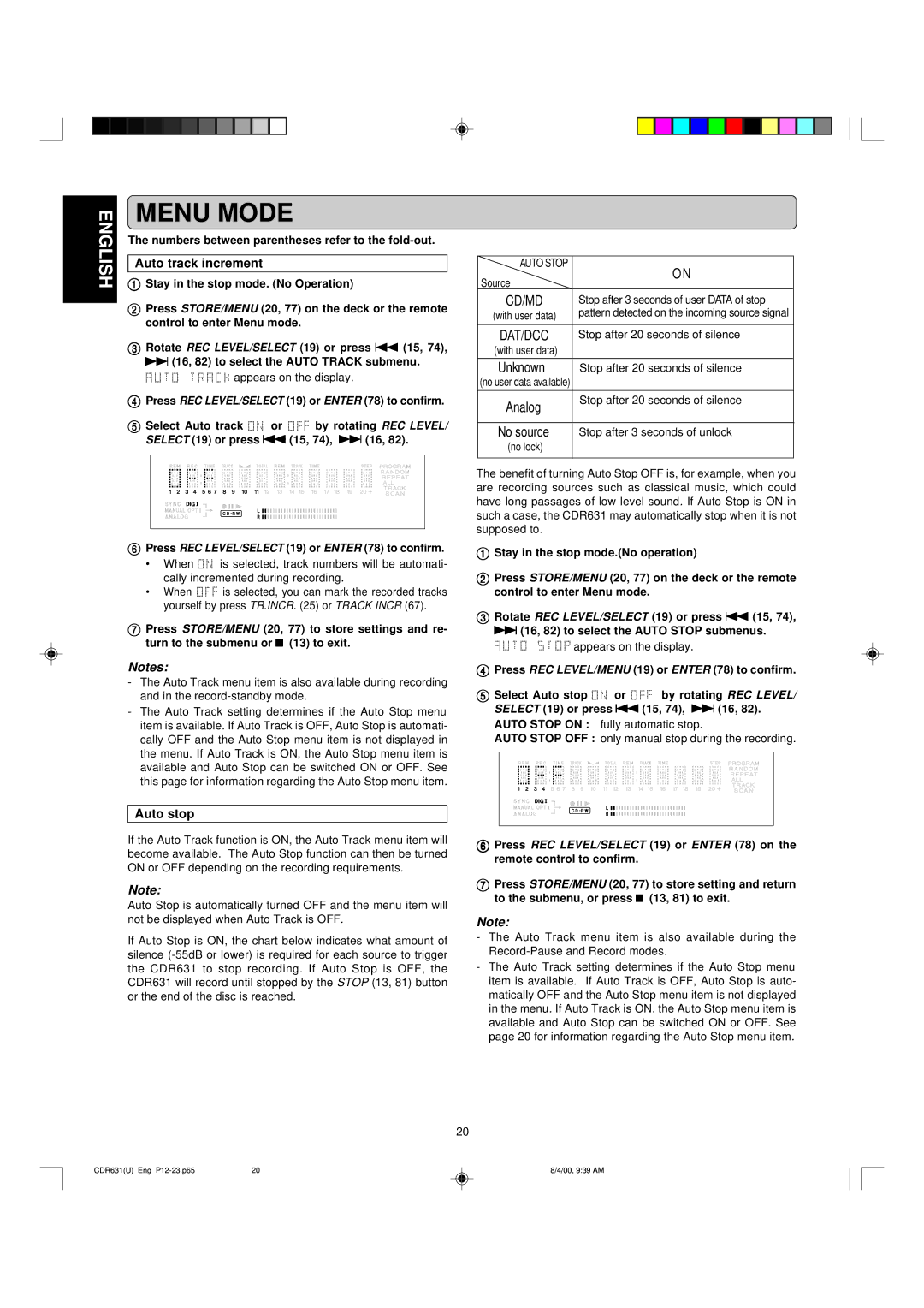 Marantz CDR631 manual Auto track increment, Auto stop 