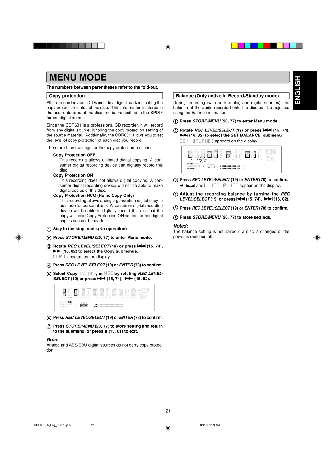 Marantz CDR631 manual Copy protection, Balance Only active in Record/Standby mode, Copy Protection OFF, Copy Protection on 