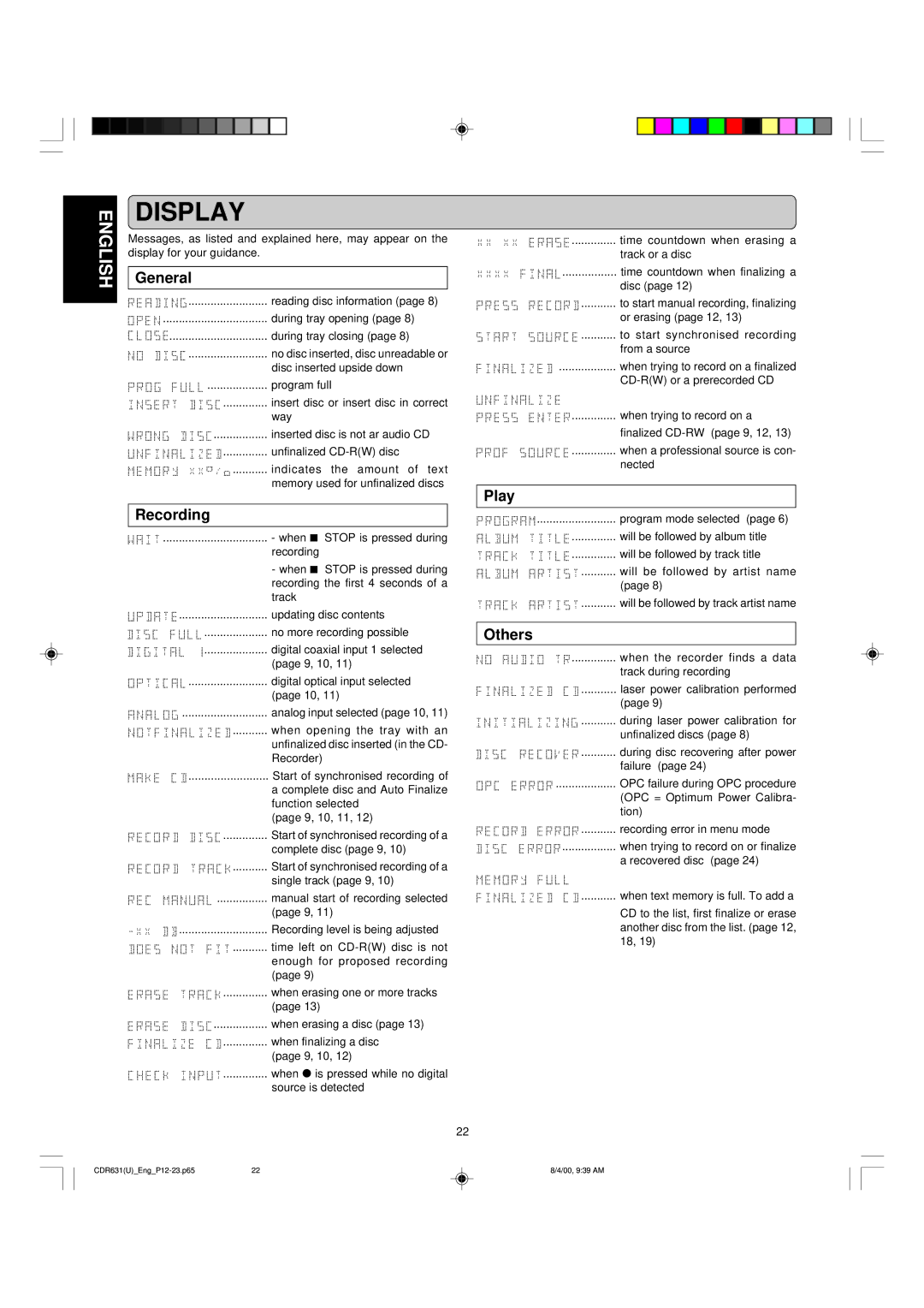 Marantz CDR631 manual Display, General, Recording, Play, Others 