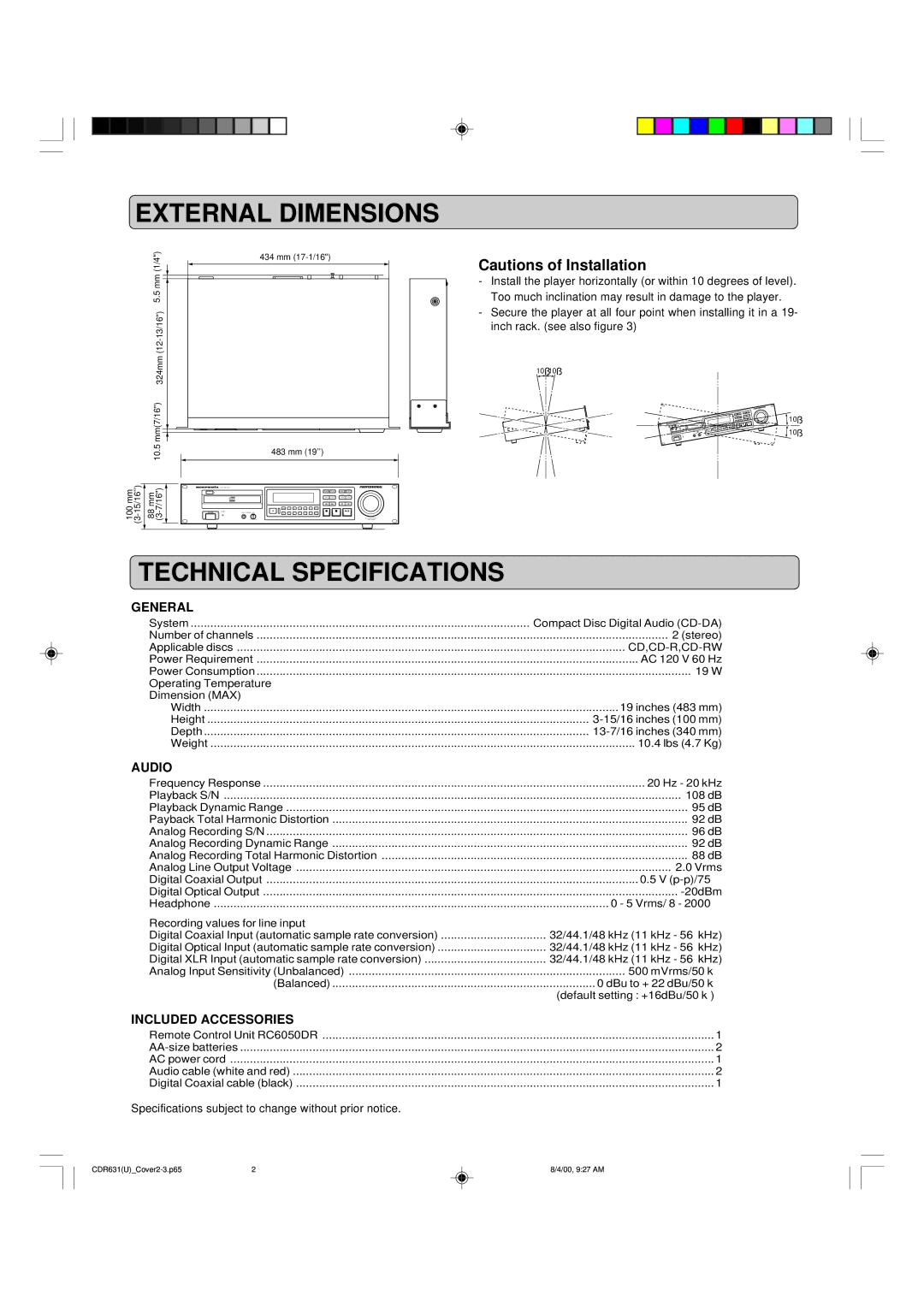 Marantz CDR631 manual External Dimensions, Technical Specifications 