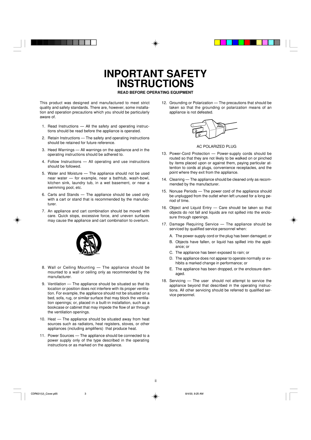 Marantz CDR631 manual Inportant Safety Instructions 