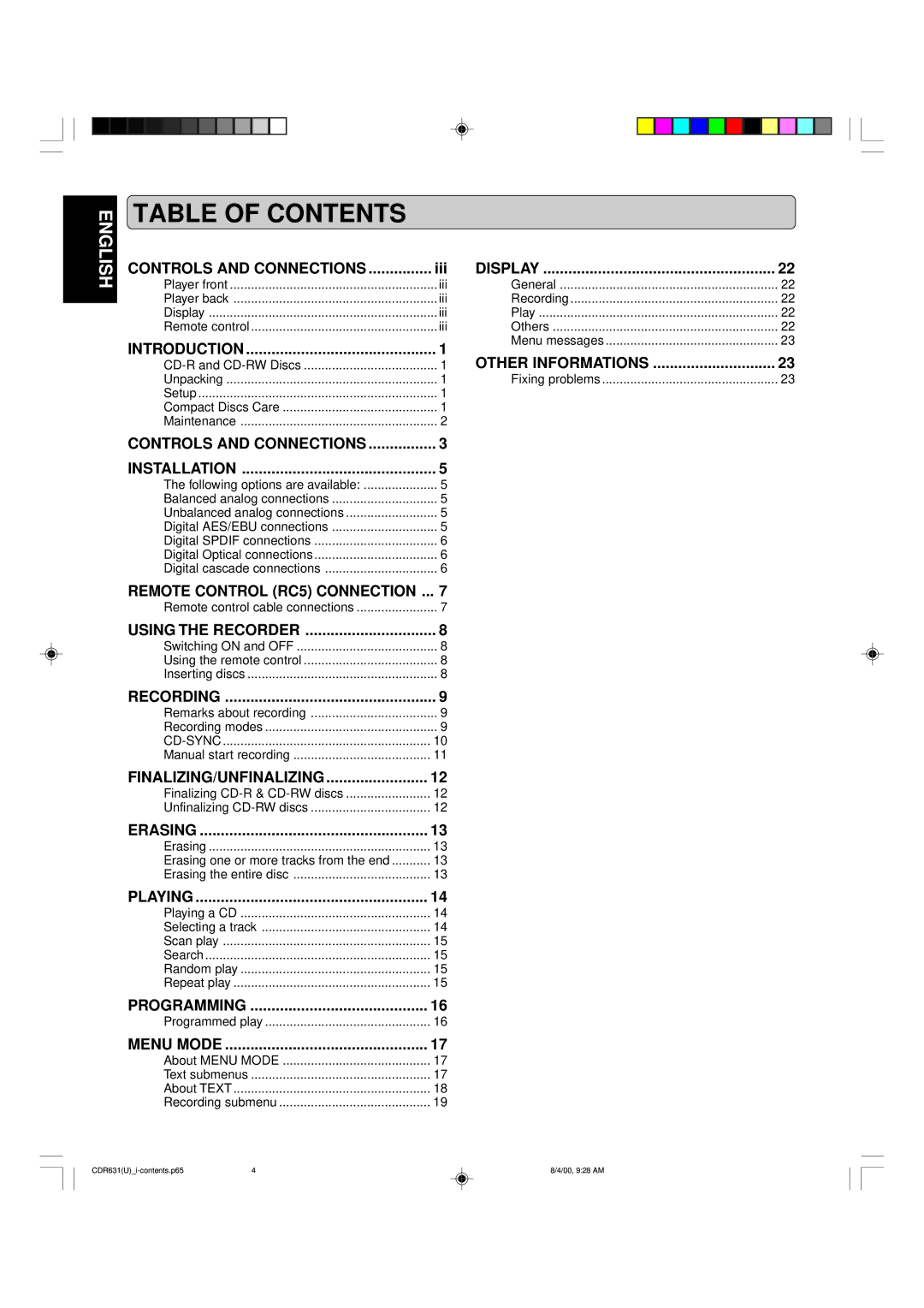 Marantz CDR631 manual Table of Contents 