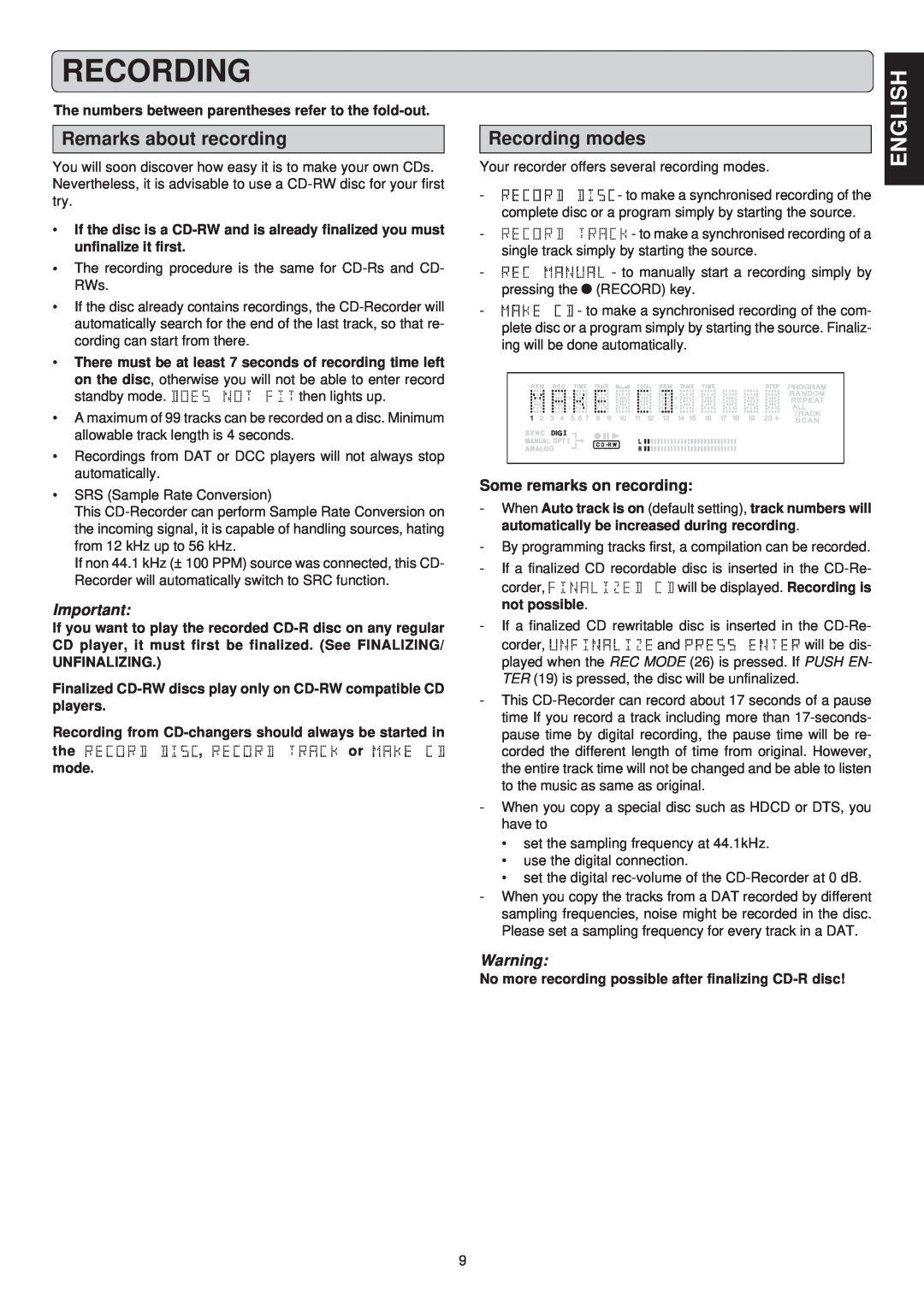 Marantz CDR631 manual Remarks about recording, Recording modes, Some remarks on recording, English, not possible 