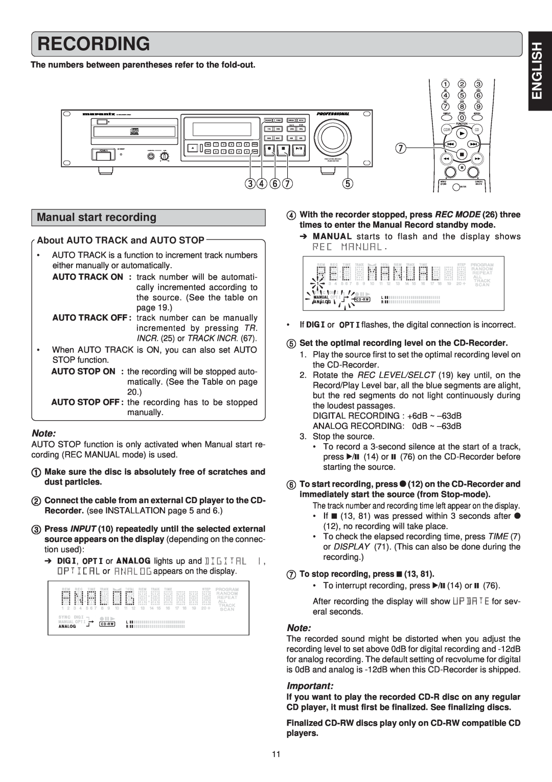 Marantz CDR631 eryu, Manual start recording, About AUTO TRACK and AUTO STOP, Recording, English, To stop recording, press 