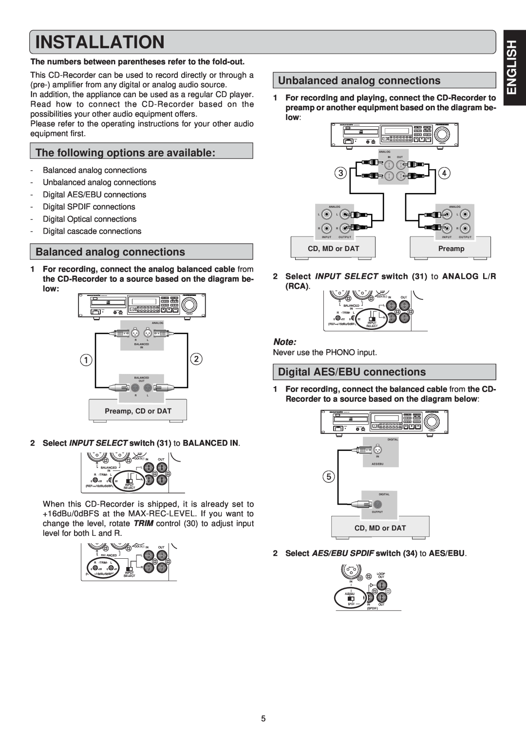 Marantz CDR631 Installation, The following options are available, Balanced analog connections, Digital AES/EBU connections 