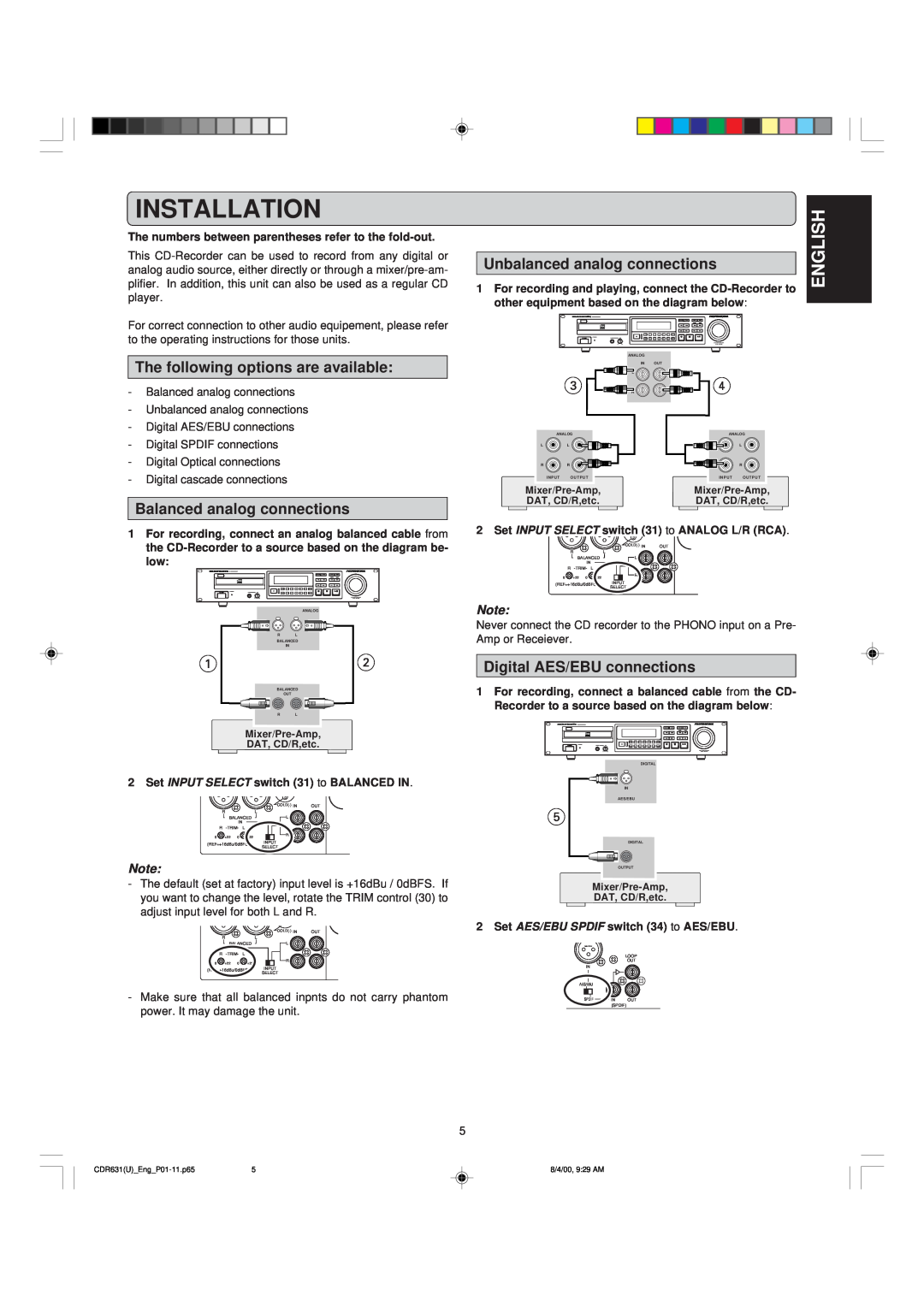 Marantz CDR631 manual Installation, English, The following options are available, Balanced analog connections 