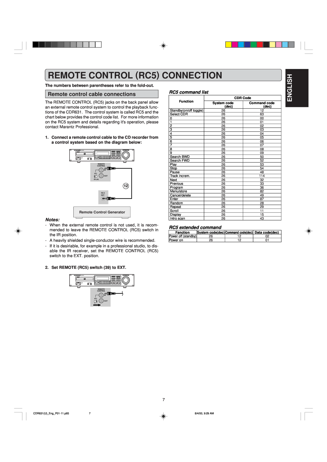 Marantz CDR631 manual REMOTE CONTROL RC5 CONNECTION, English, RC5 command list, RC5 extended command 