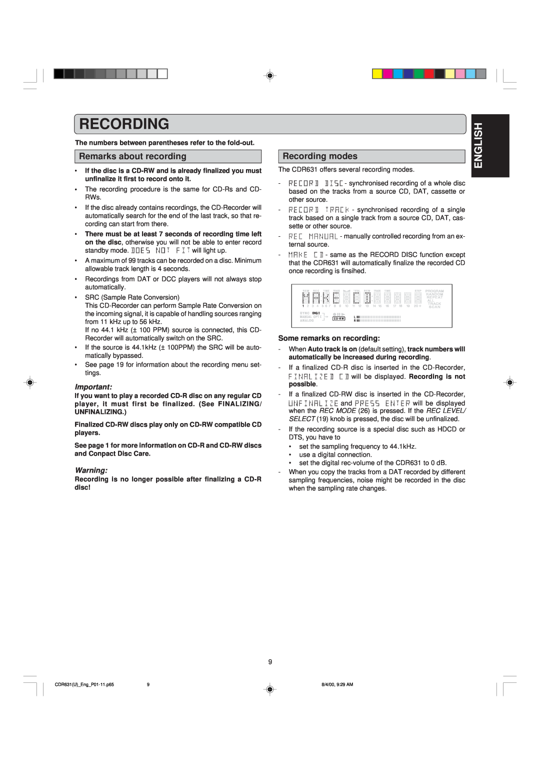 Marantz CDR631 manual English, Remarks about recording, Recording modes, Some remarks on recording 