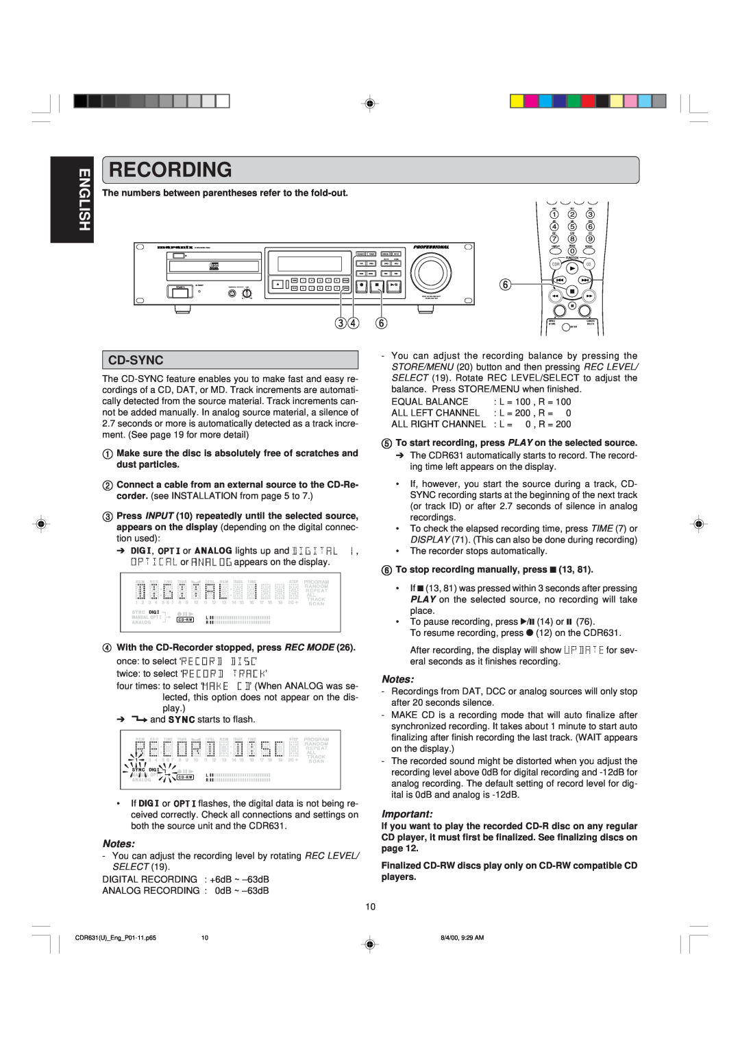 Marantz CDR631 manual Recording, English, Cd-Sync 