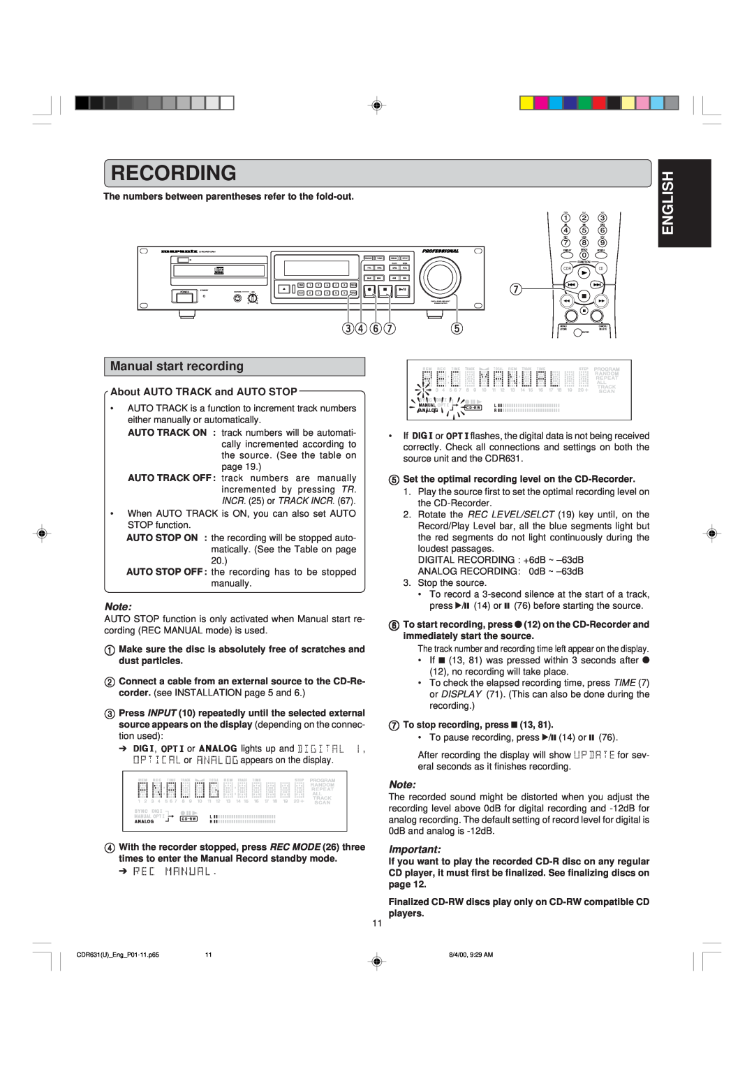 Marantz CDR631 manual eryu, Recording, English, Manual start recording, About AUTO TRACK and AUTO STOP 