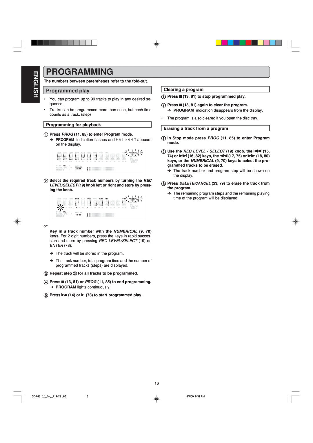 Marantz CDR631 manual English, Clearing a program, Programming for playback, Erasing a track from a program 