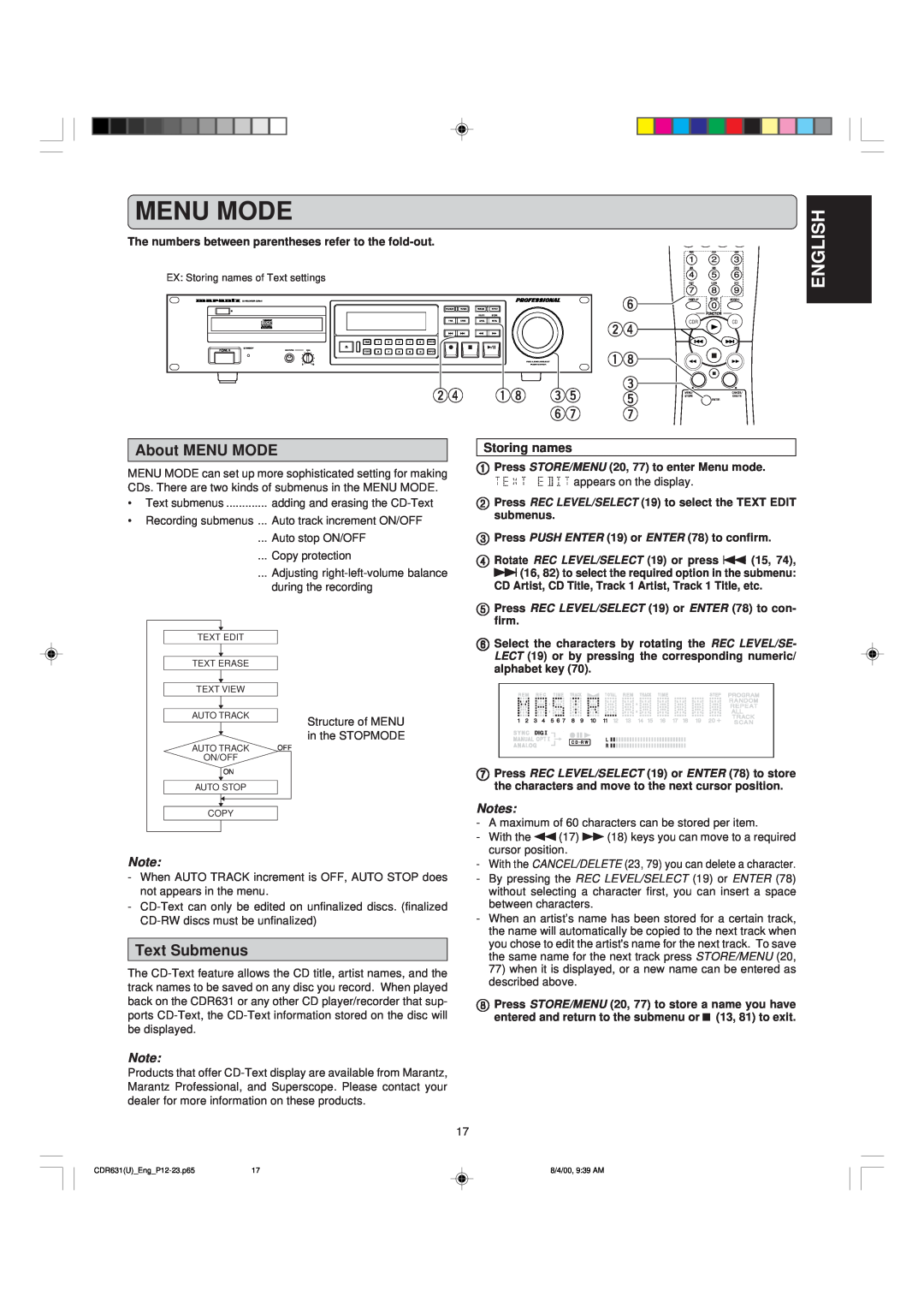 Marantz CDR631 manual Menu Mode, wr qi et, English, Storing names 