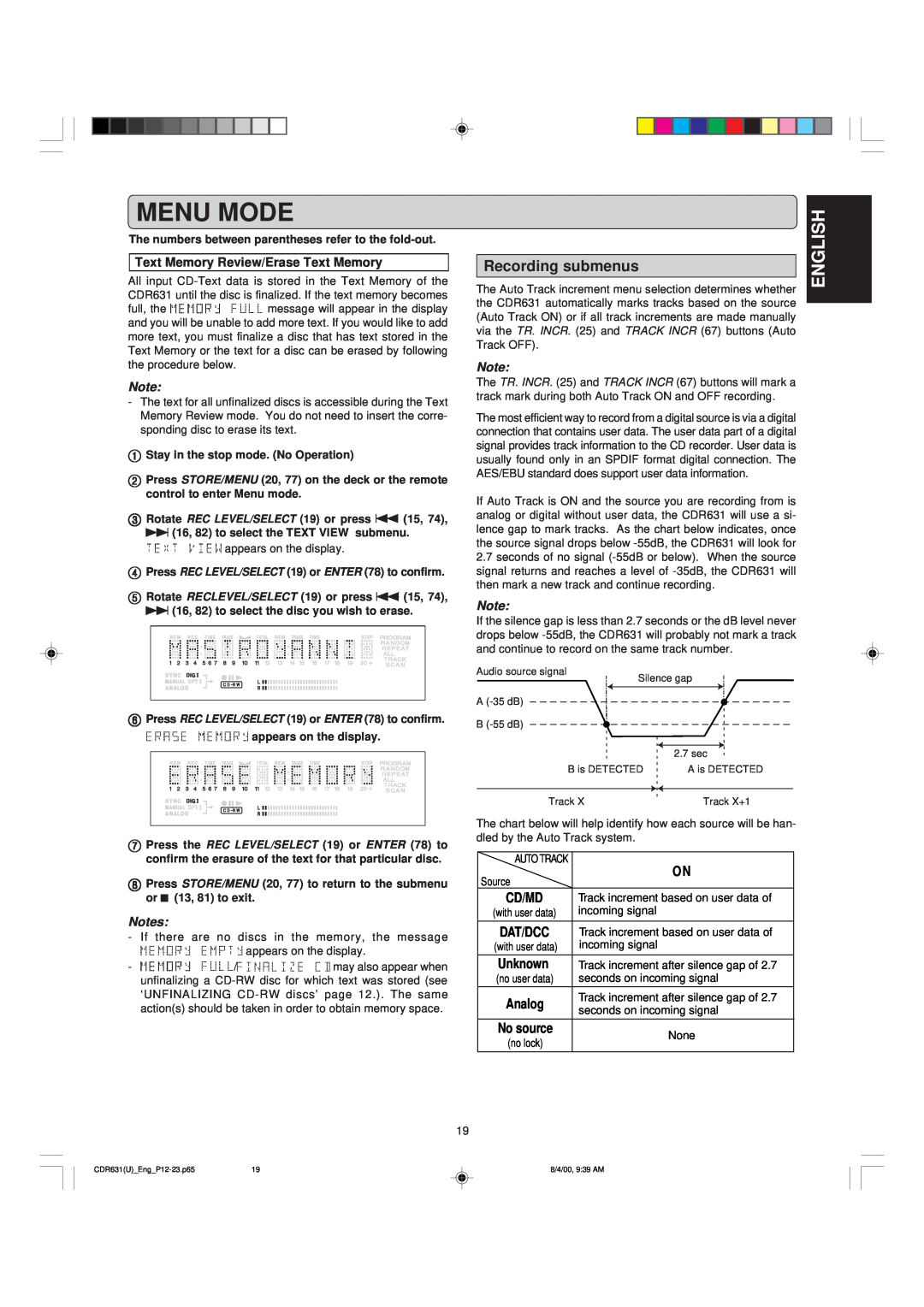 Marantz CDR631 manual Menu Mode, English, Recording submenus, Text Memory Review/Erase Text Memory 