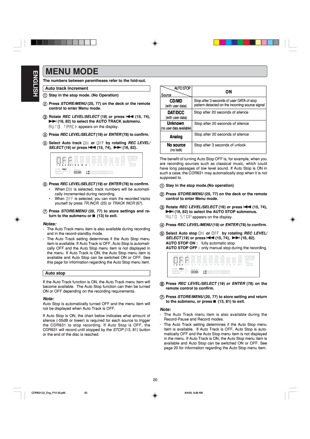 Marantz CDR631 manual Menu Mode, English, Auto track increment, Auto stop 