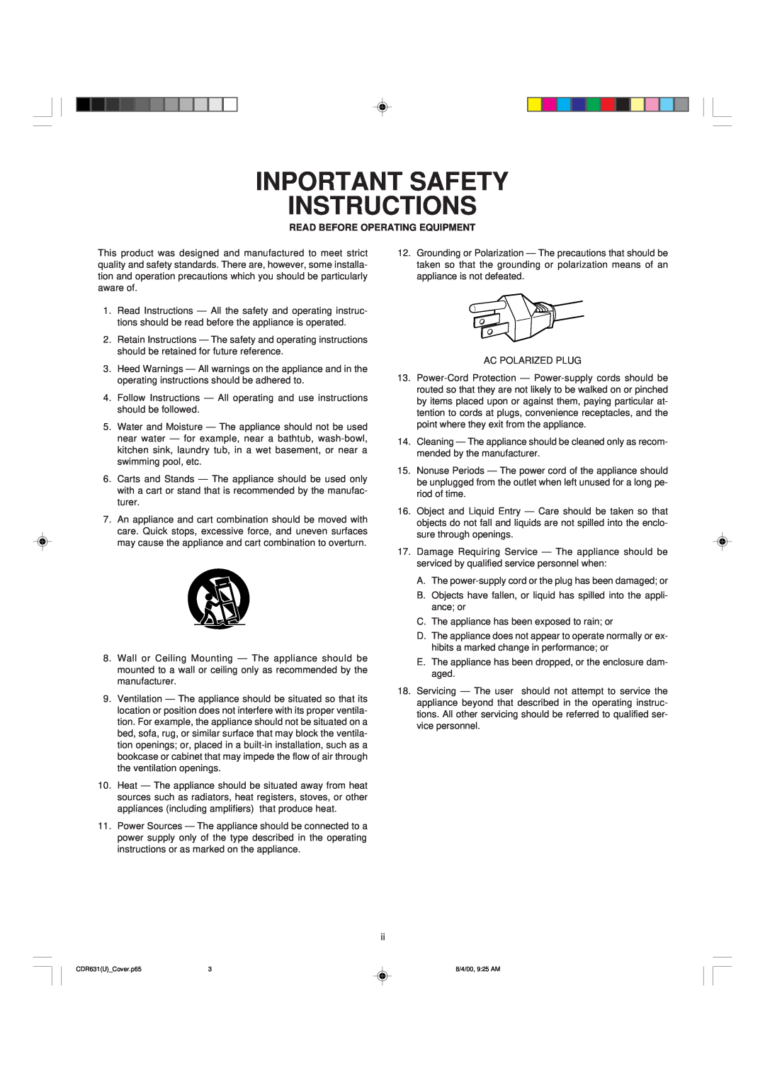 Marantz CDR631 manual Inportant Safety Instructions, Read Before Operating Equipment 
