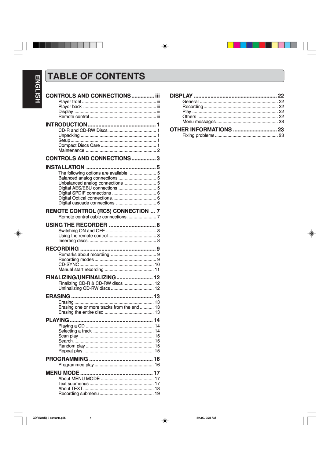 Marantz CDR631 manual Table Of Contents, English 