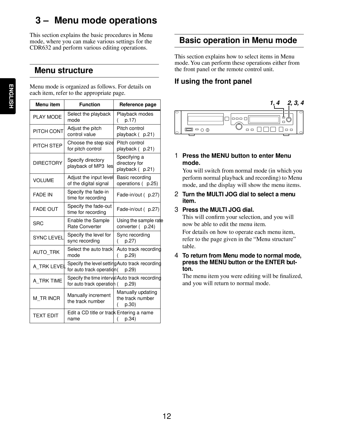 Marantz CDR632 manual Menu mode operations, Menu structure, Basic operation in Menu mode, If using the front panel 