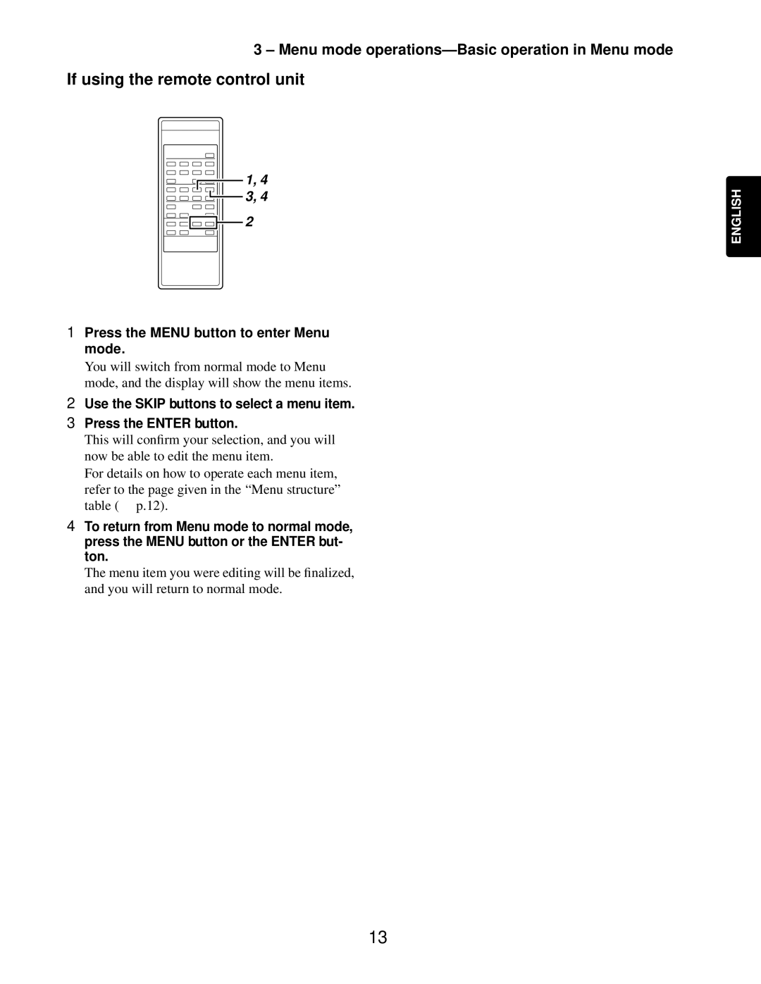 Marantz CDR632 manual If using the remote control unit, Menu mode operations-Basic operation in Menu mode 