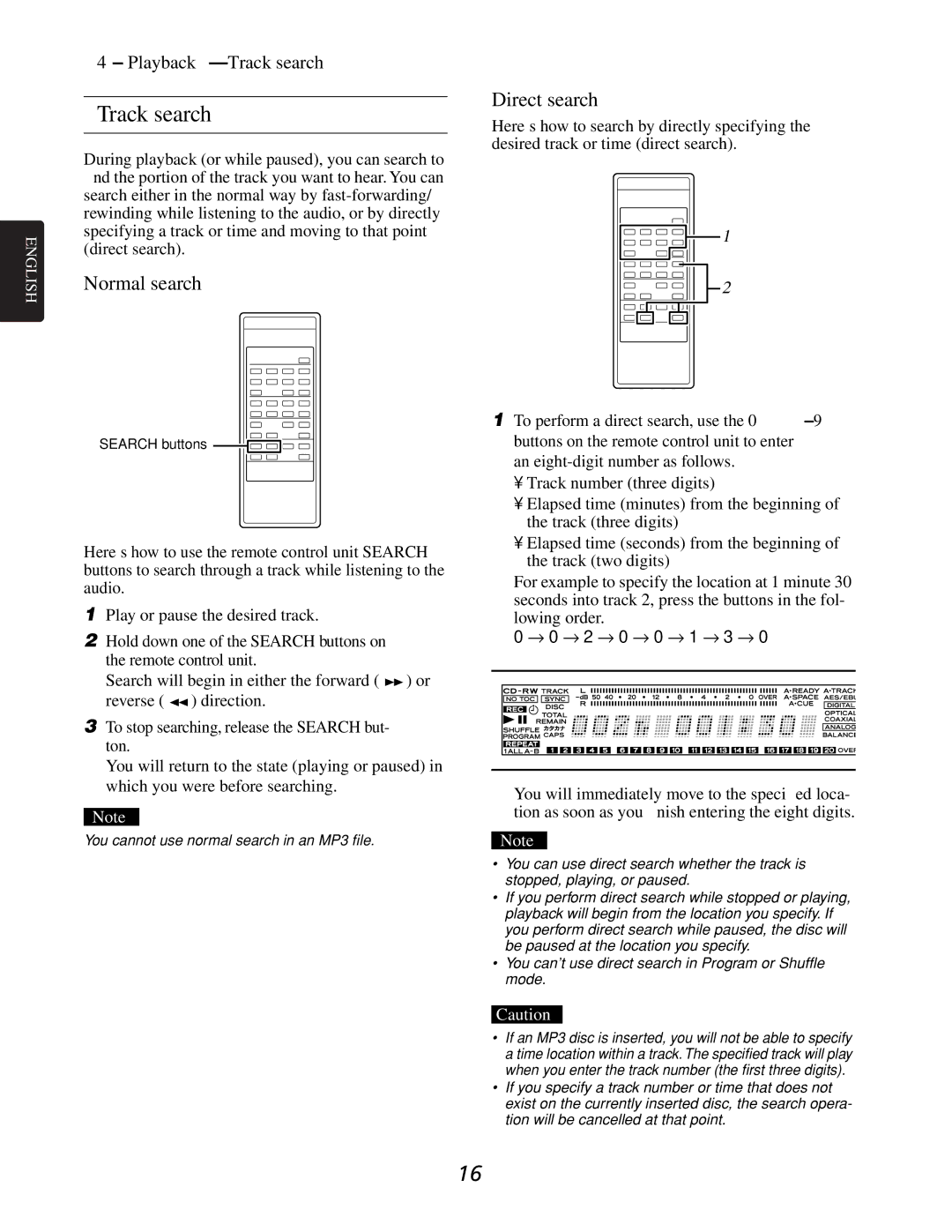 Marantz CDR632 manual Direct search, Playback-Track search, To stop searching, release the Search but- ton 