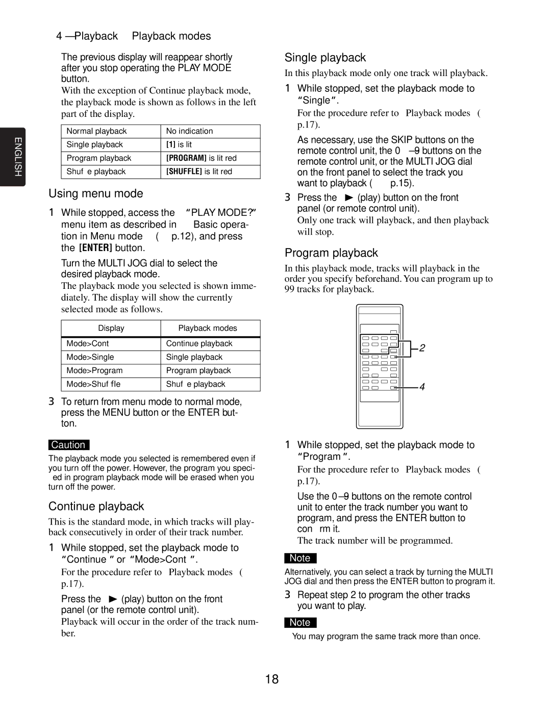 Marantz CDR632 manual Using menu mode, Continue playback, Single playback, Program playback 