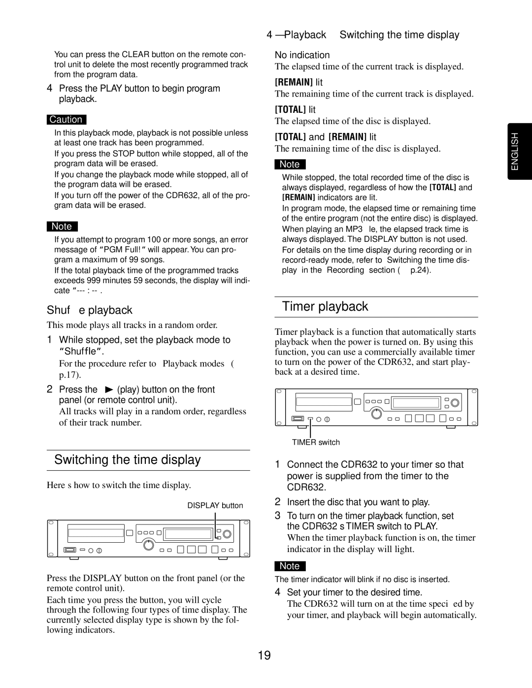 Marantz CDR632 manual Timer playback, Shufﬂe playback, Playback-Switching the time display 