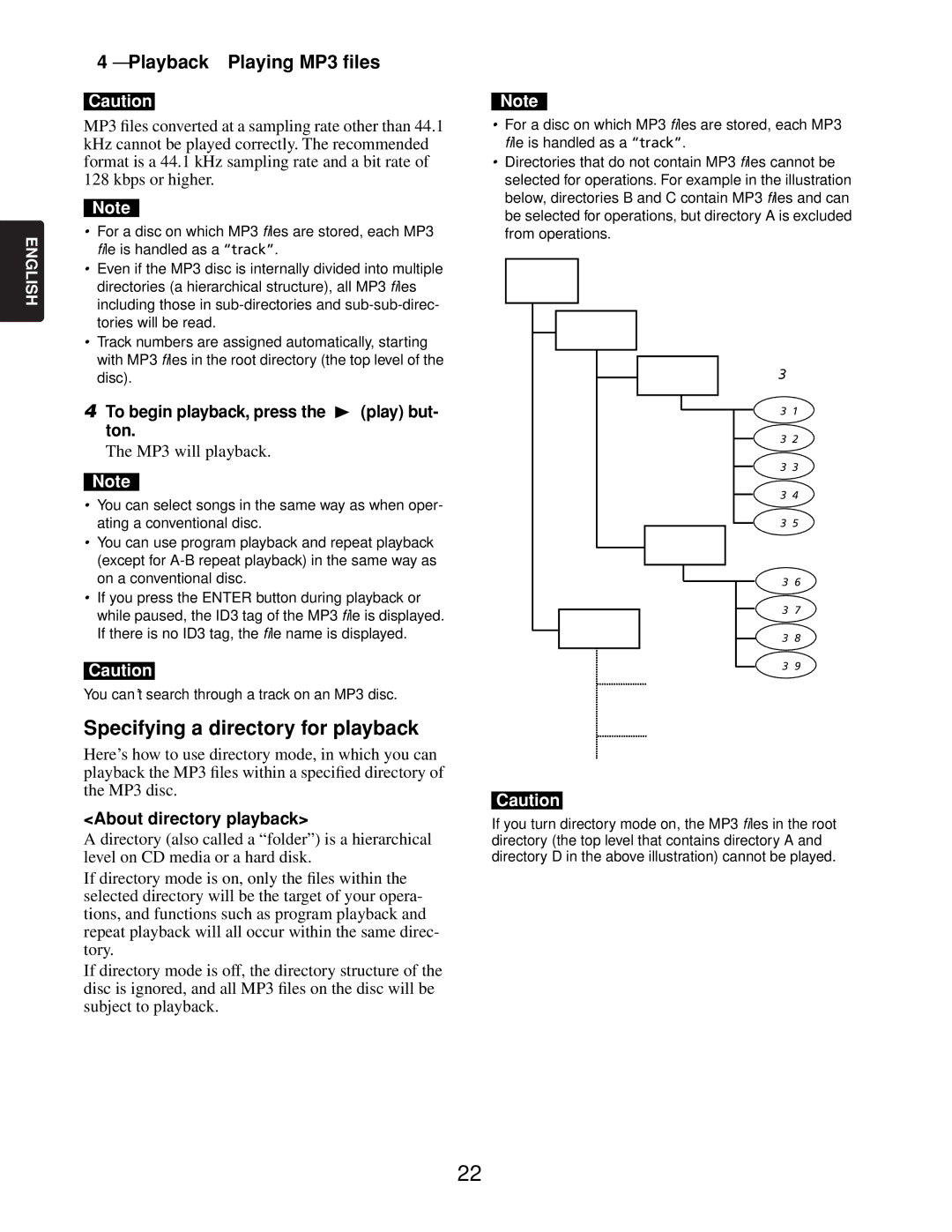 Marantz CDR632 Specifying a directory for playback, Playback-Playing MP3 files, To begin playback, press the play but- ton 