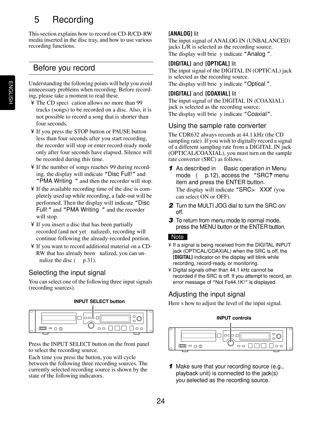 Marantz CDR632 manual Recording, Before you record, Selecting the input signal, Using the sample rate converter 