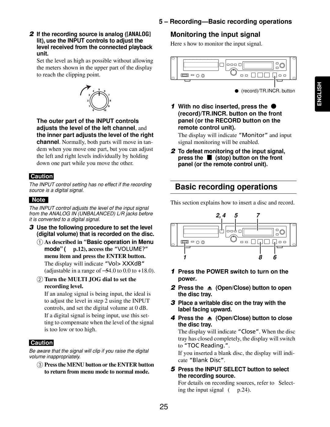 Marantz CDR632 manual Monitoring the input signal, Recording-Basic recording operations 