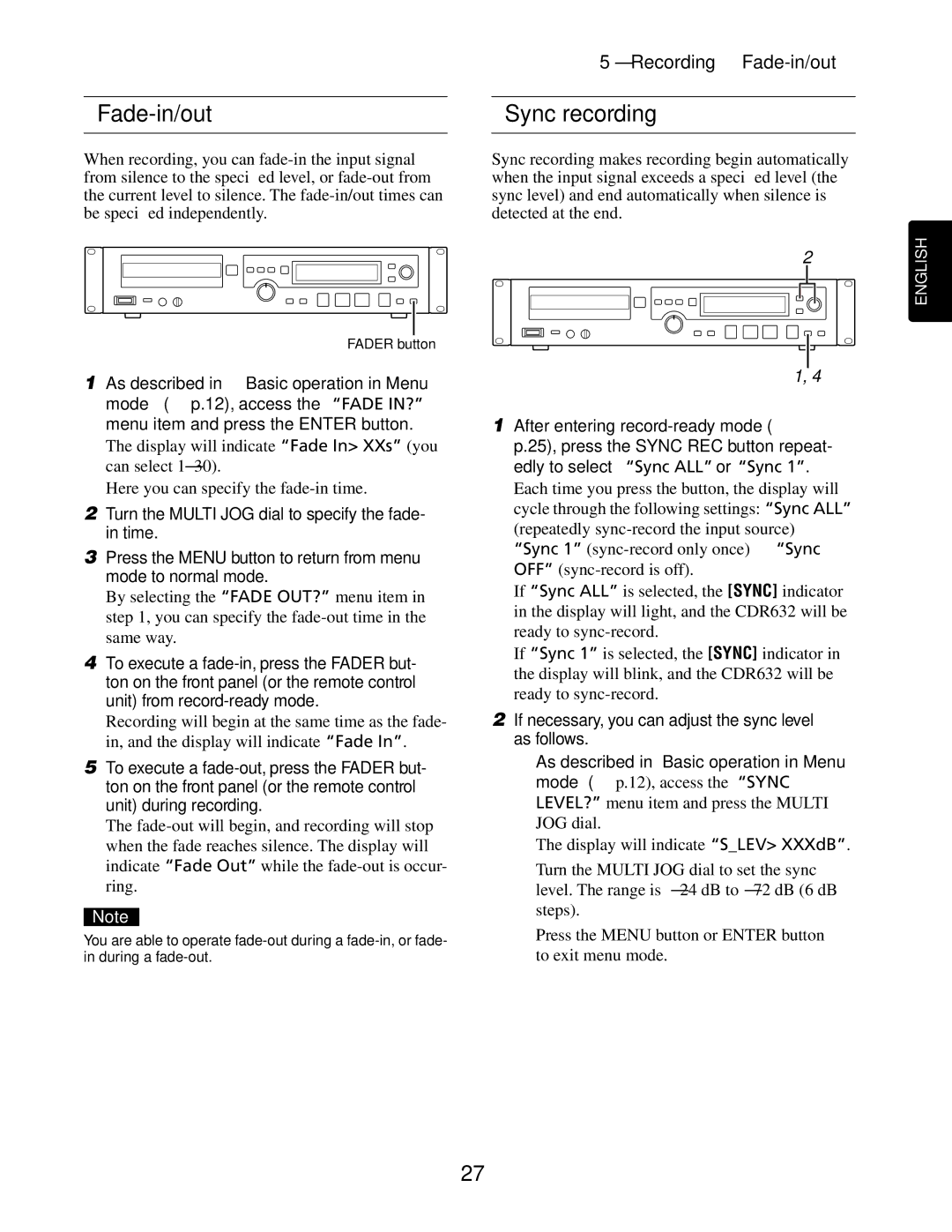 Marantz CDR632 Fade-in/out Sync recording, Recording-Fade-in/out, If necessary, you can adjust the sync level as follows 