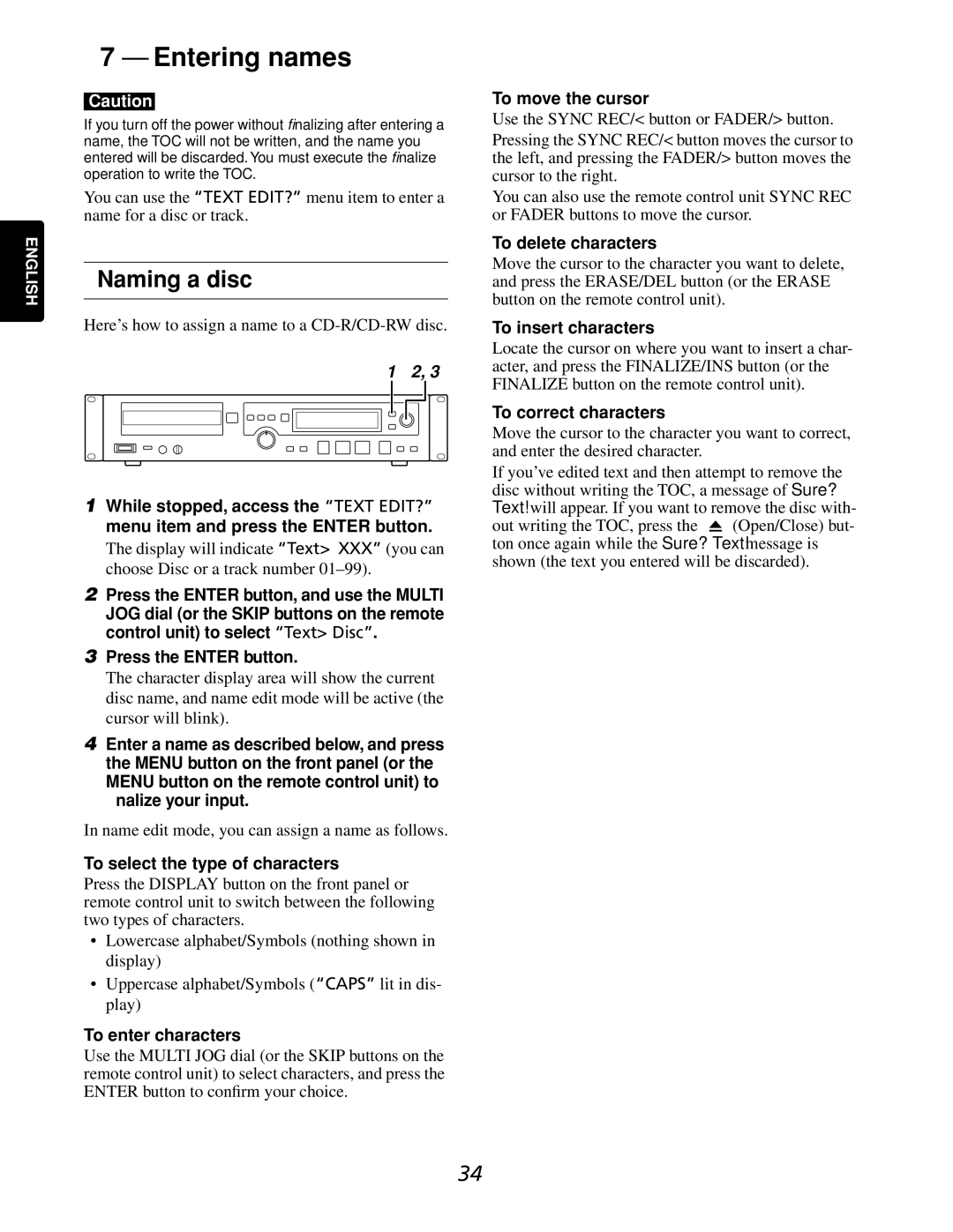 Marantz CDR632 manual Entering names, Naming a disc 