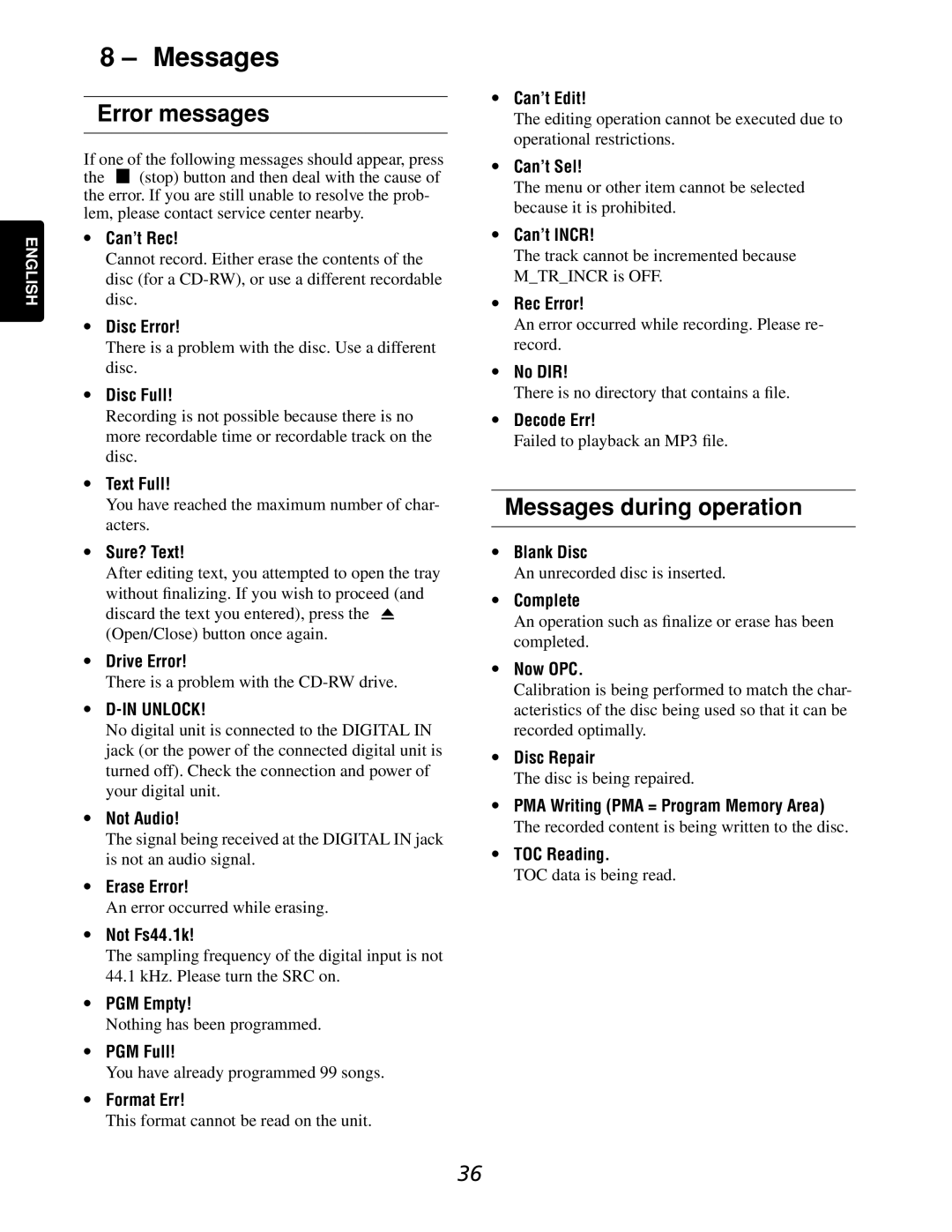 Marantz CDR632 manual Error messages, Messages during operation 