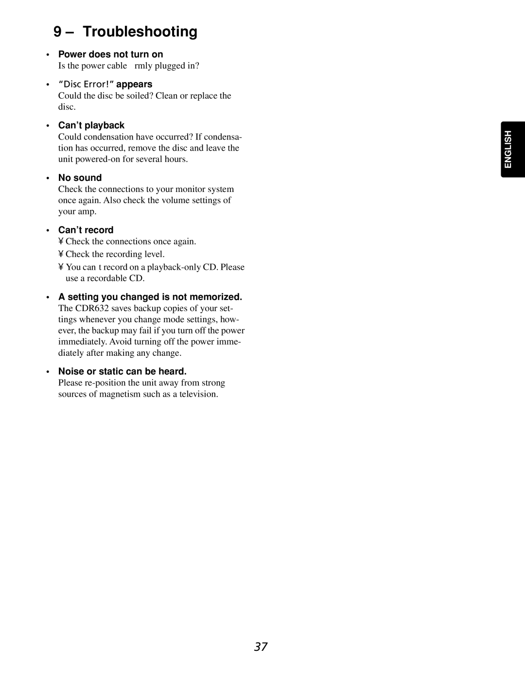 Marantz CDR632 manual Troubleshooting 