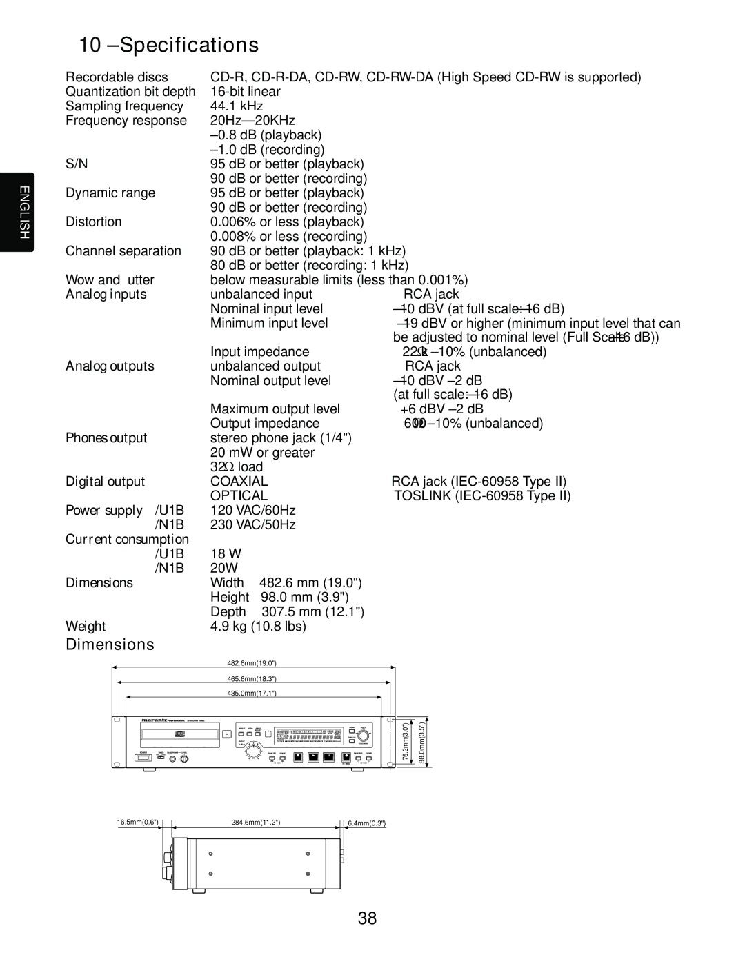 Marantz CDR632 manual Specifications, Dimensions 