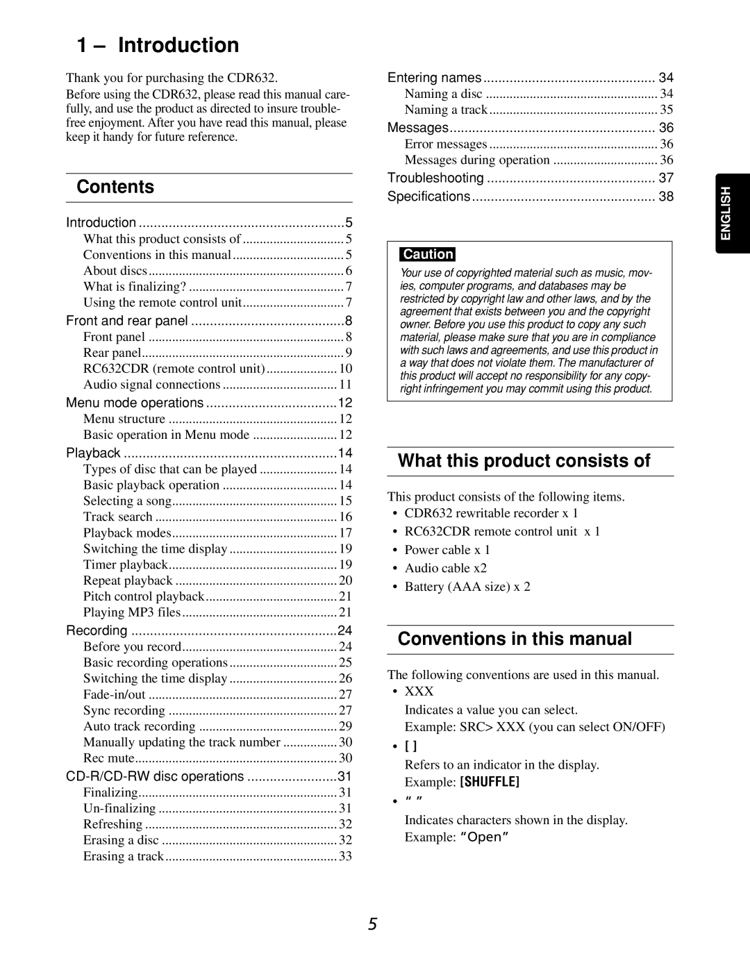 Marantz CDR632 Introduction, Contents, What this product consists, Conventions in this manual 