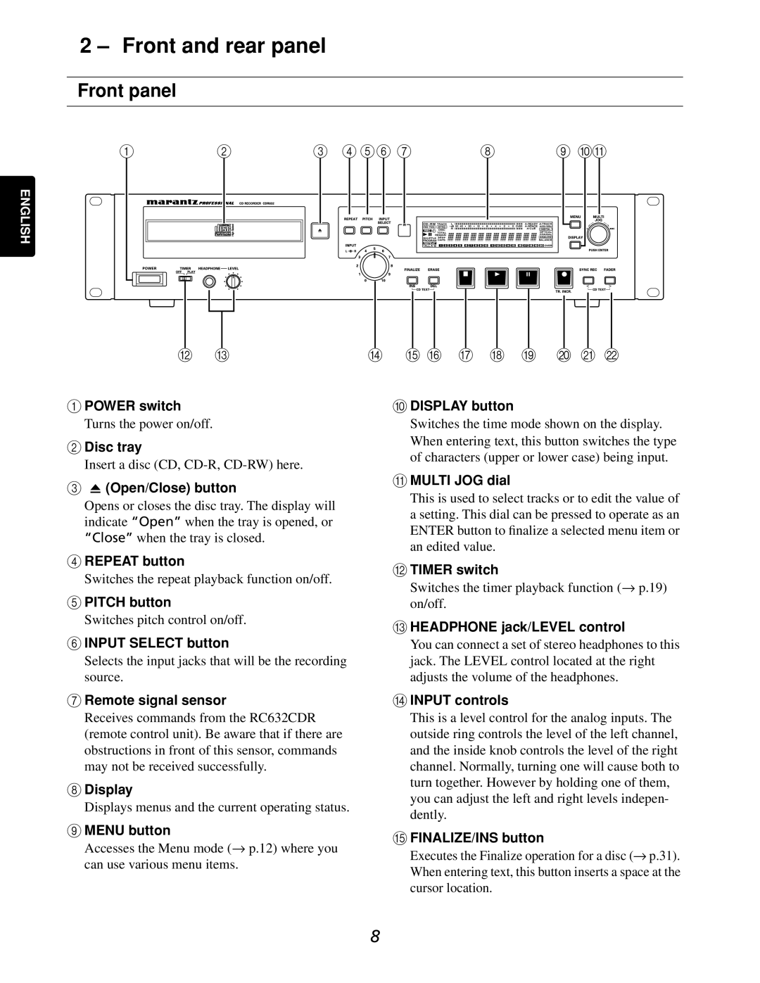 Marantz CDR632 manual Front and rear panel, Front panel 