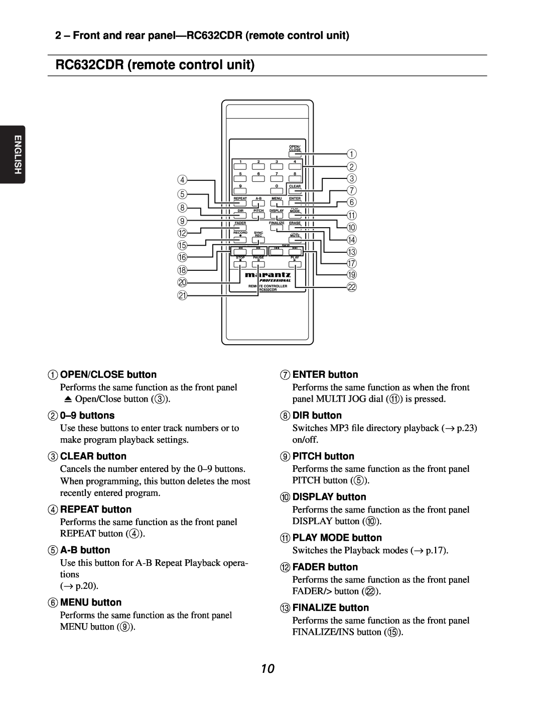 Marantz CDR632 manual RC632CDR remote control unit 