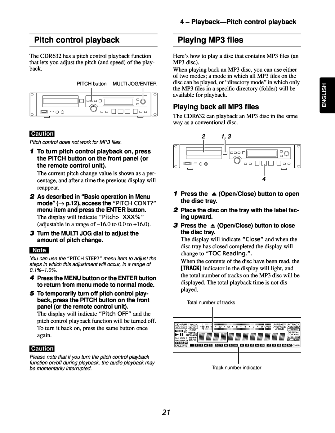 Marantz CDR632 manual Pitch control playback, Playing MP3 ﬁles, Playing back all MP3 ﬁles, Playback-Pitchcontrol playback 