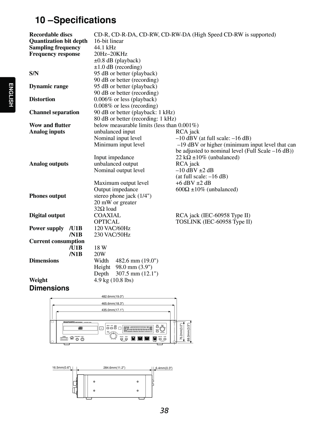 Marantz CDR632 manual Specifications, Dimensions 