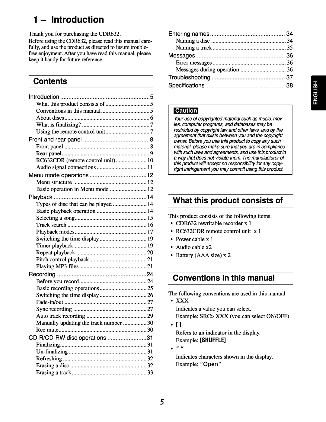 Marantz CDR632 Introduction, Contents, What this product consists of, Conventions in this manual 