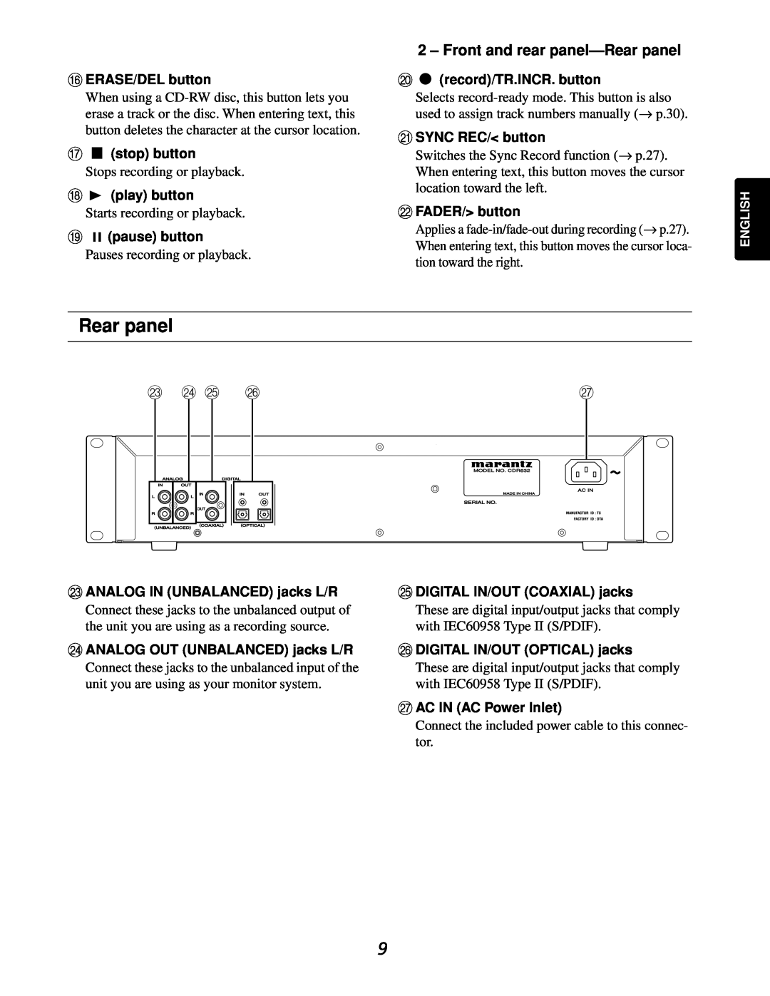 Marantz CDR632 manual Rear panel, Front and rear panel-Rearpanel, M N O, FERASE/DEL button, Gstop button, H play button 