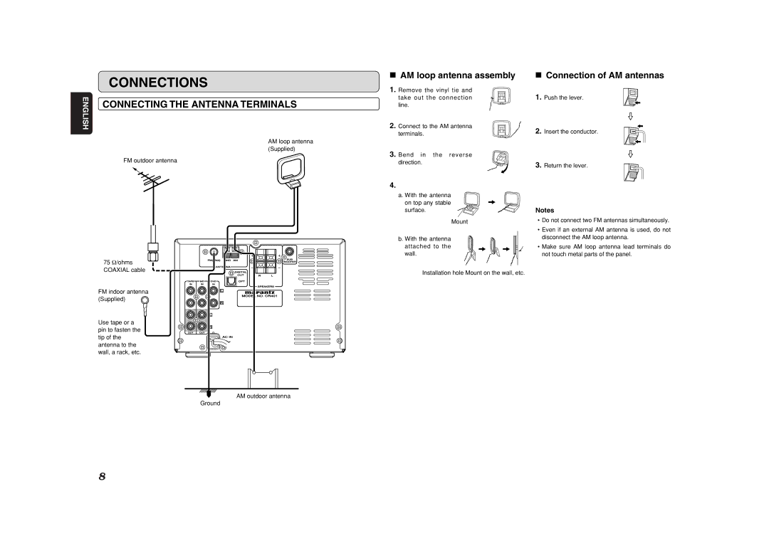 Marantz CR401 manual Connections, Connecting the Antenna Terminals, AM loop antenna assembly, Connection of AM antennas 