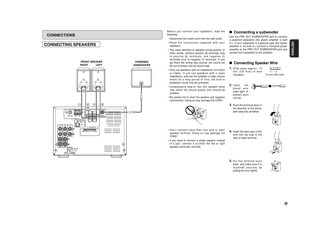 Marantz CR401 manual Connecting Speakers, Connecting a subwoofer 