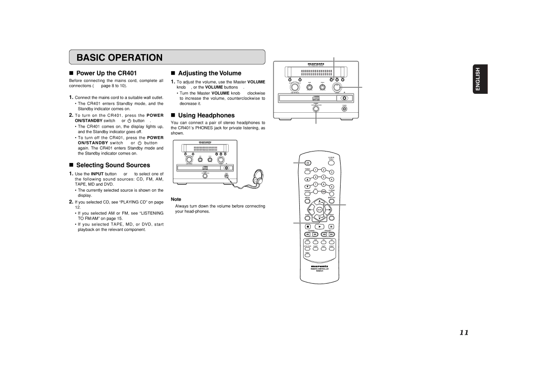 Marantz manual Basic Operation, Power Up the CR401, Selecting Sound Sources, Adjusting the Volume, Using Headphones 