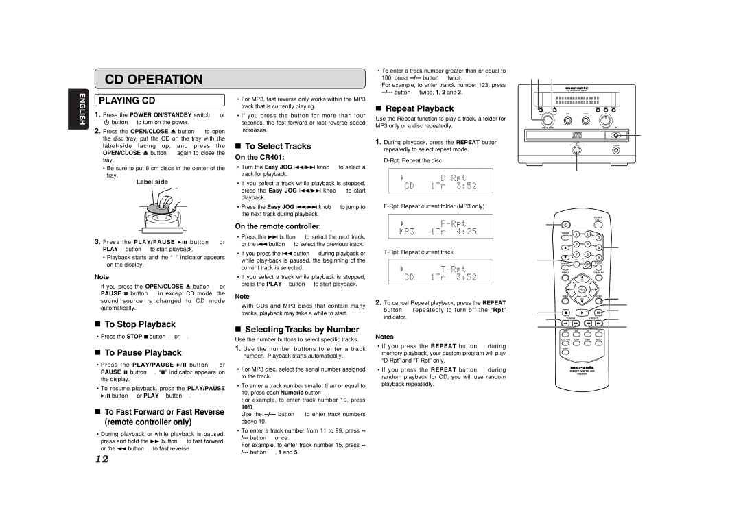 Marantz CR401 manual CD Operation, Playing CD 