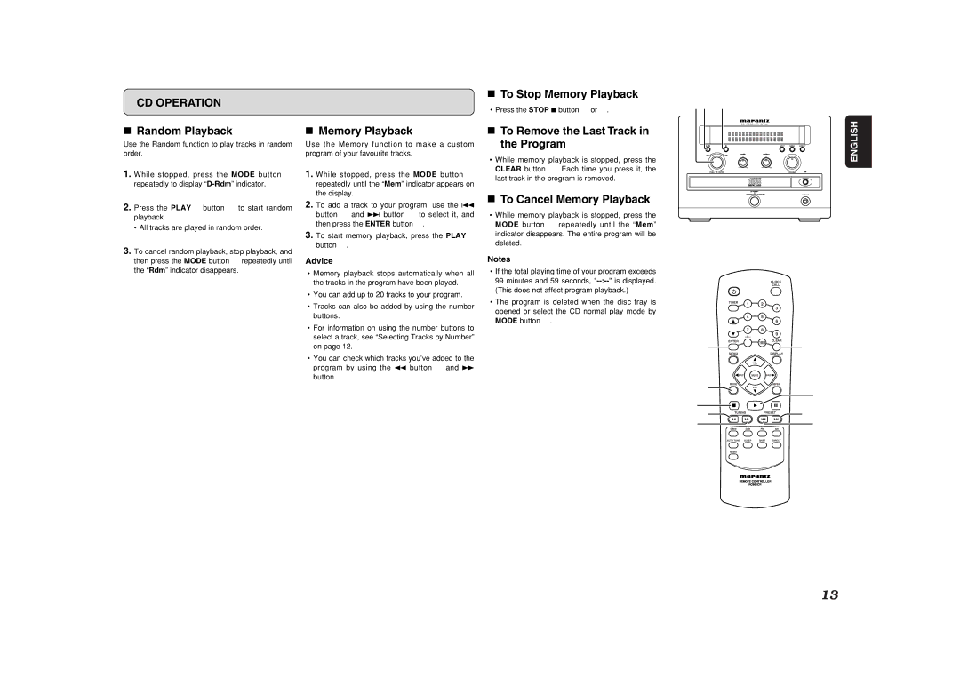 Marantz CR401 manual Random Playback, To Stop Memory Playback, To Remove the Last Track in the Program 