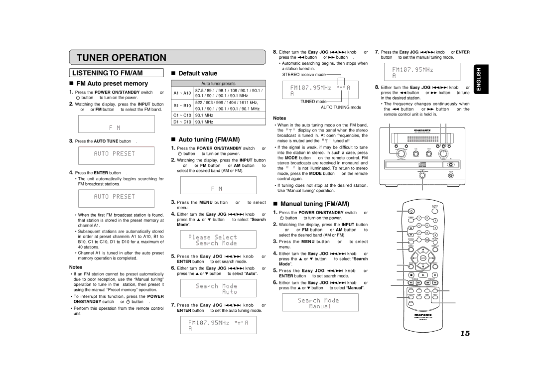 Marantz CR401 manual Tuner Operation, Listening to FM/AM 