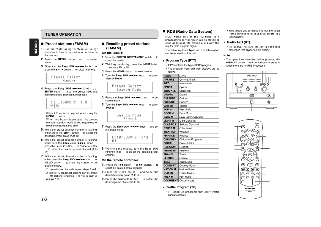 Marantz CR401 manual Preset stations FM/AM, Recalling preset stations FM/AM, RDS Radio Data System 