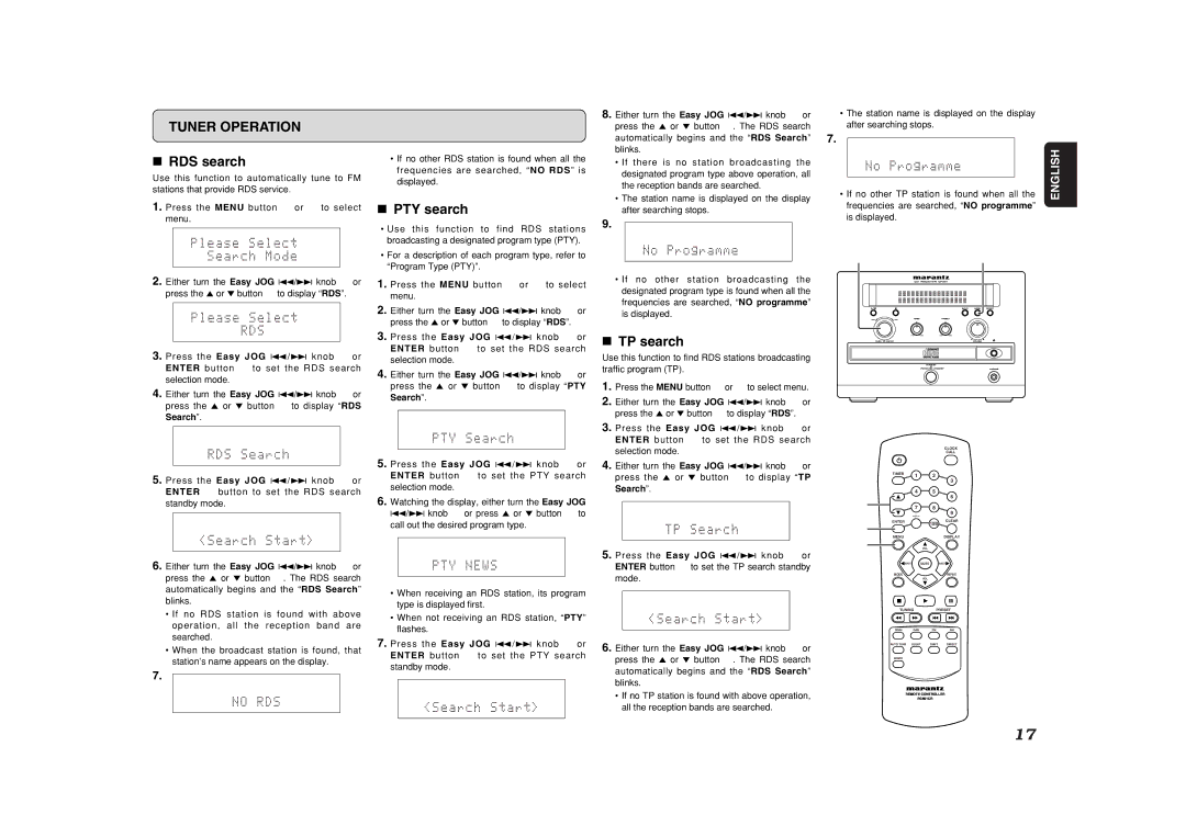 Marantz CR401 manual RDS search, PTY search, TP search 