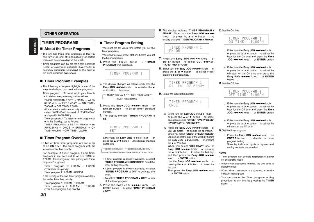 Marantz CR401 manual About the Timer Programs, Timer Program Setting, Timer Program Examples, Timer Program Overlap 