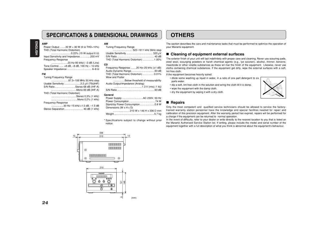 Marantz CR401 manual Others, Cleaning of equipment external surfaces, Repairs, General 